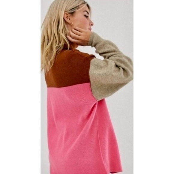 FREE PEOPLE Softly Structured Colorblock Sweater Turtleneck Candy Pop Medium - Picture 13 of 16